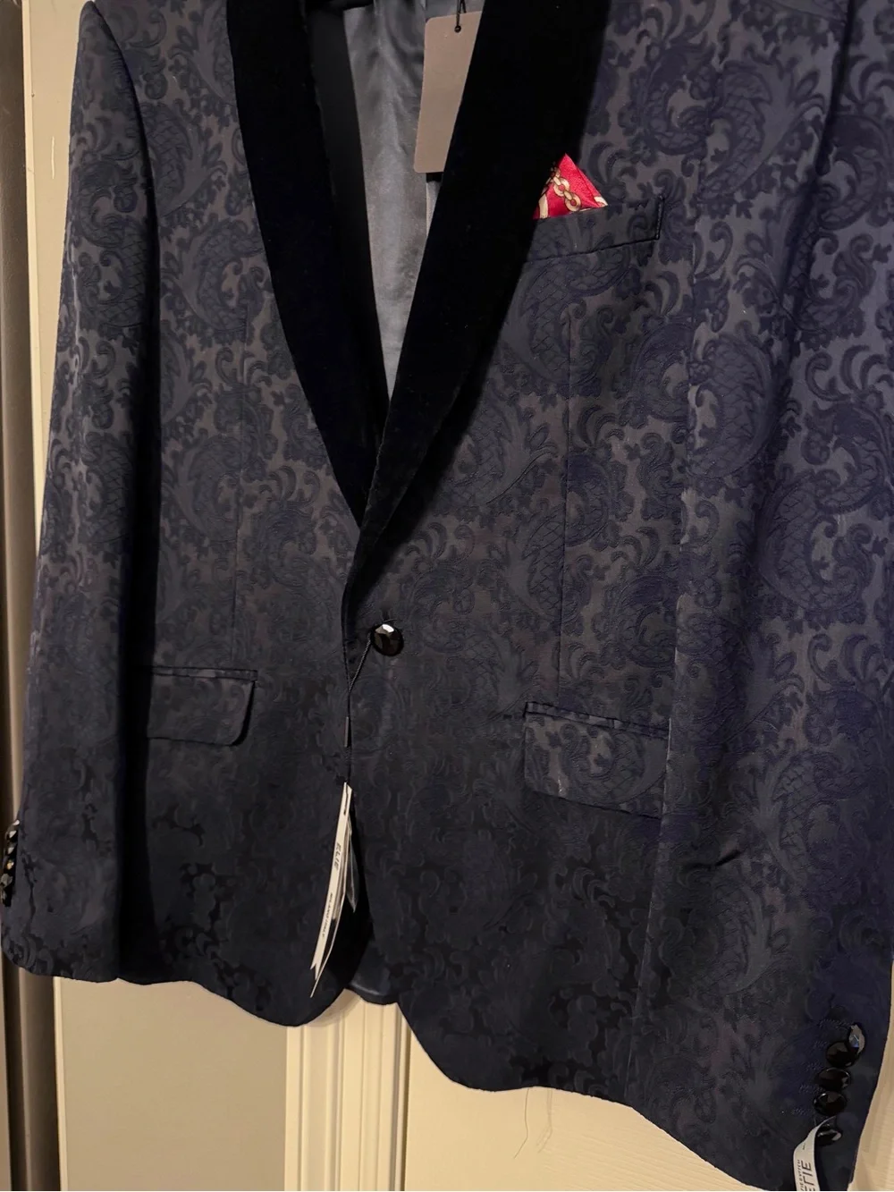 Elie Balleh Men's Navy Jacquard Blazer with Black Velvet Trim Sz M 38-40 NWT